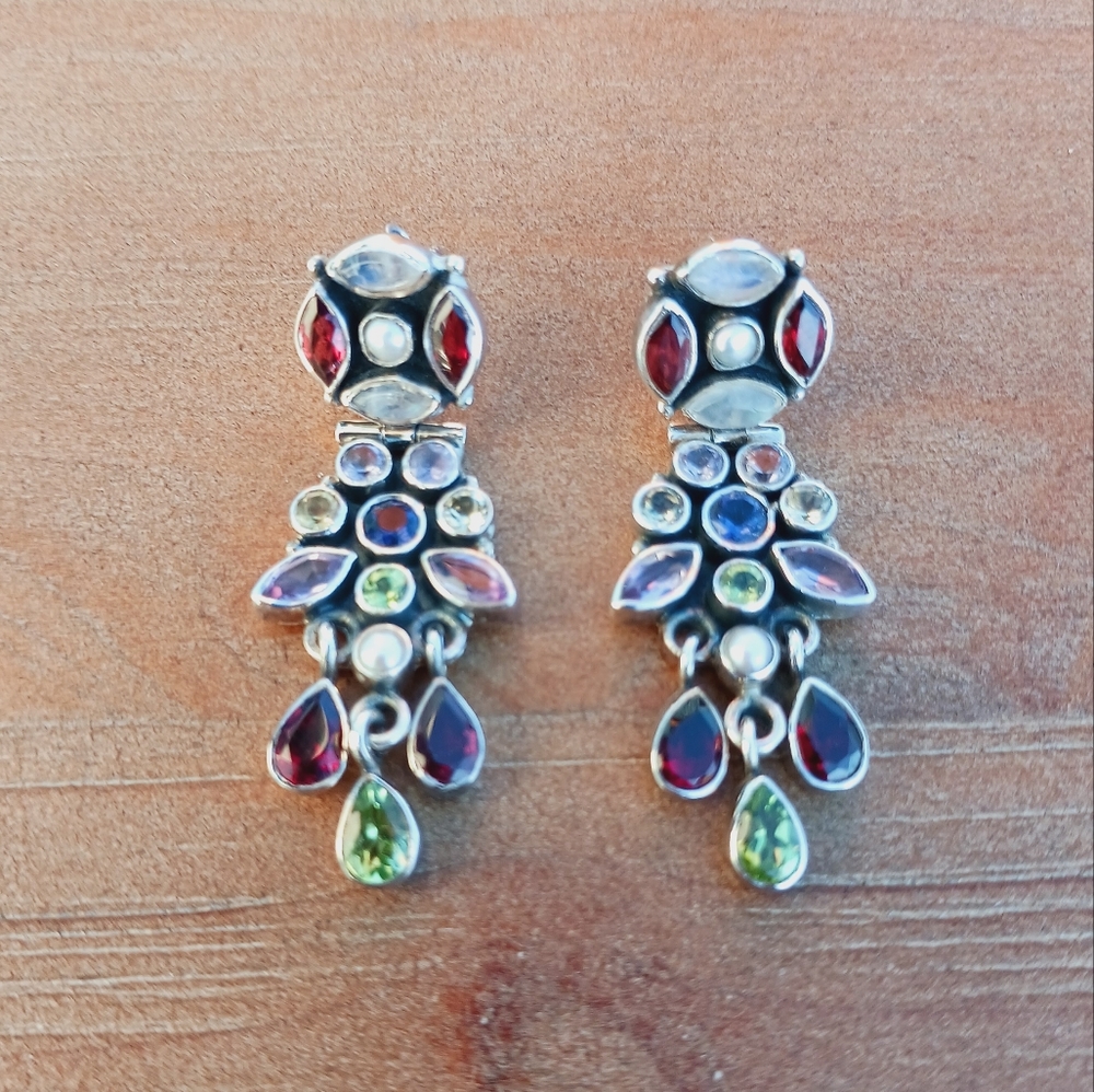 🌷 Vintage Jaipur Artisan Sterling Silver Multicolored Gemstone Earrings